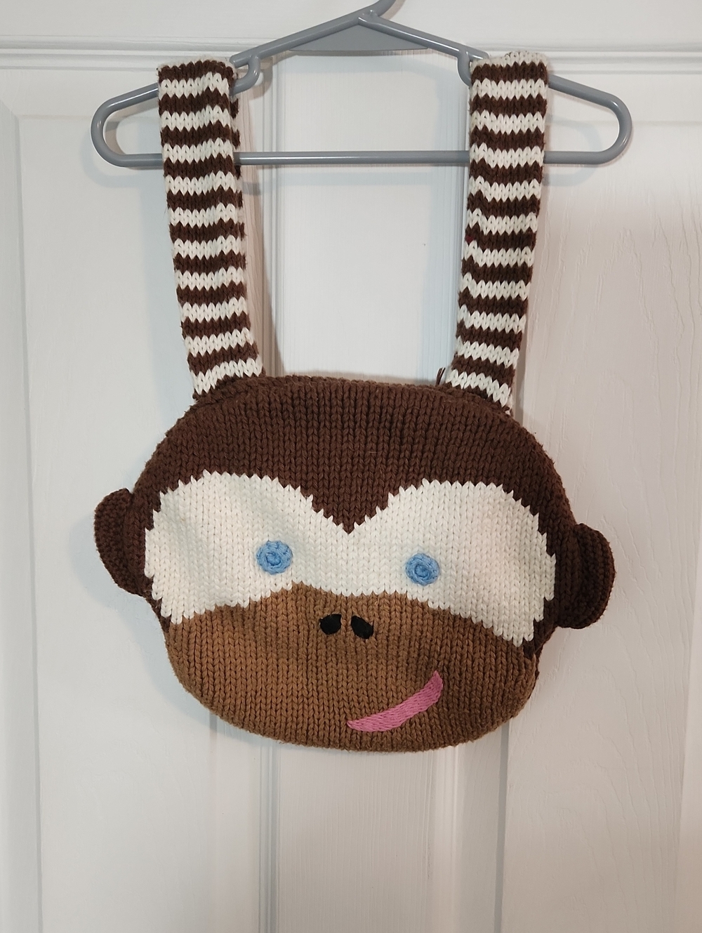 Children's Brown Monkey Knit Crossbody Bag with Cream Accents